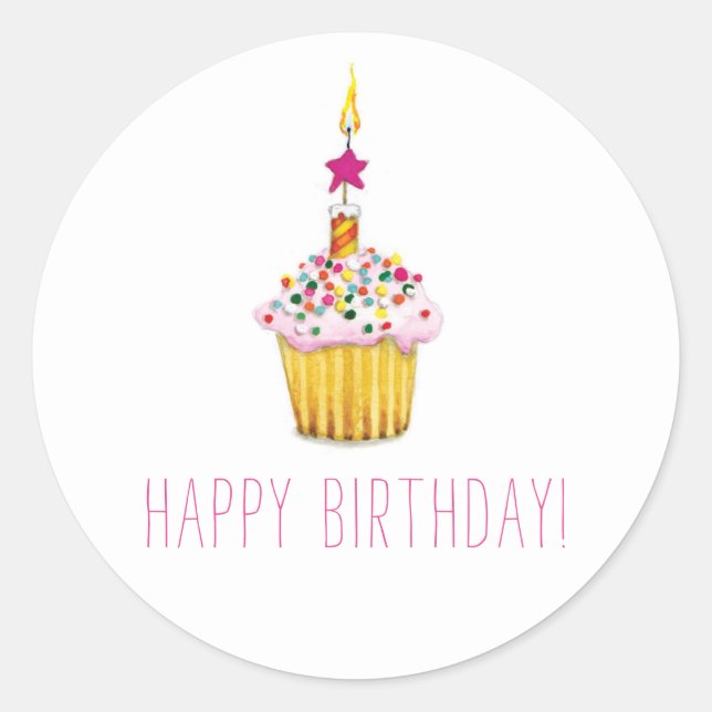 Wasserfarbe Cupcake Happy Birthday Runder Aufkleber (Vorderseite)