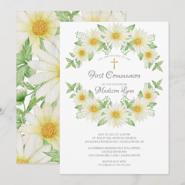 Wasserfarbe Daisy Floral Communion Einladung (Vorne/Hinten)