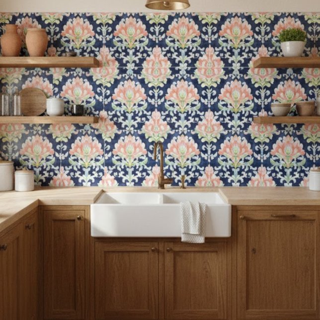 Wasserfarbe Damask Korallengrün dekorieren Fliese (Von Creator hochgeladen)