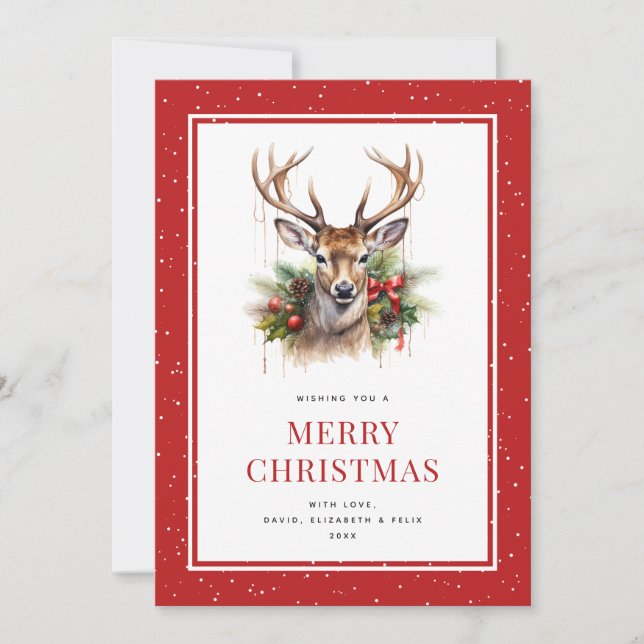 Wasserfarbe Deer Snowy Red Frohe Weihnachten (Vorderseite)