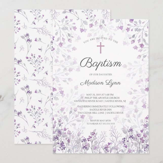 Wasserfarbe Delikate violette Blumen Taufe Einladung (Vorne/Hinten)