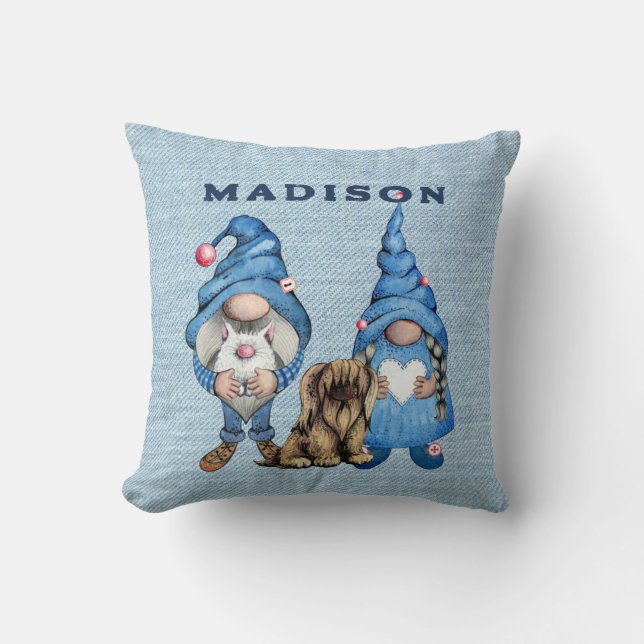 Wasserfarbe Denim Gnomes Kissen (Vorderseite)