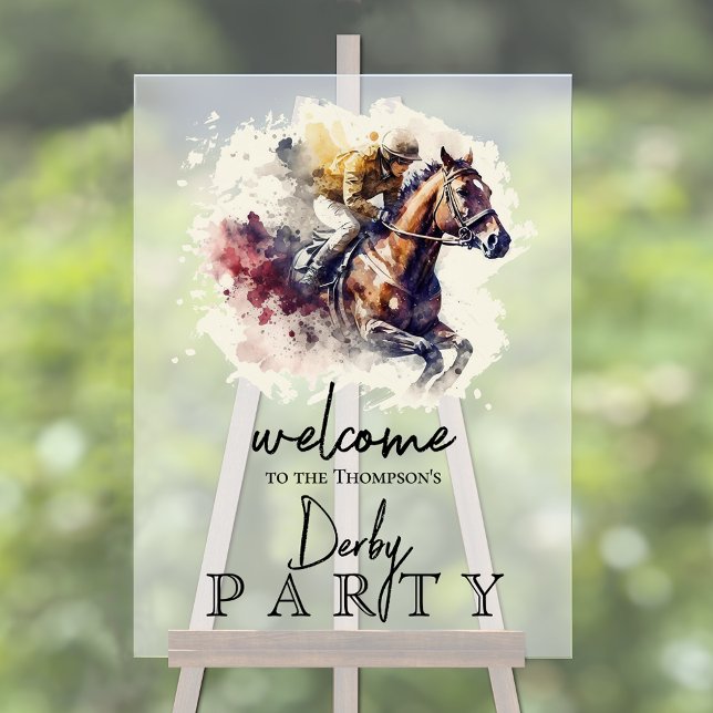Wasserfarbe Derby Party Acrylschild (Watercolor racehorse and jockey Derby party frosted acrylic sign)