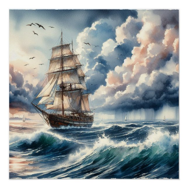 Wasserfarbe des Blue Ocean Wave Boat Poster (Vorderseite)