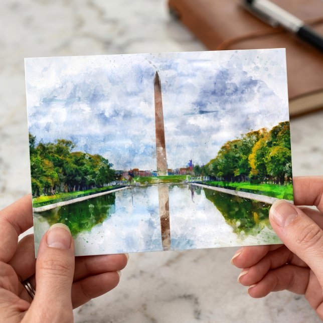 Wasserfarbe des Washington Monuments mit Reflektio Postkarte (Washington Monument Watercolor with Reflection. Postcard )