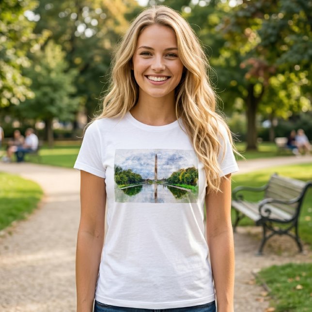 Wasserfarbe des Washington Monuments mit Reflektio T-Shirt (Washington Monument Watercolor with Reflection. Women Basic White T-Shirt)