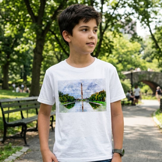Wasserfarbe des Washington Monuments mit Reflektio T-Shirt (Washington Monument Watercolor with Reflection. Boy Basic White T-Shirt)