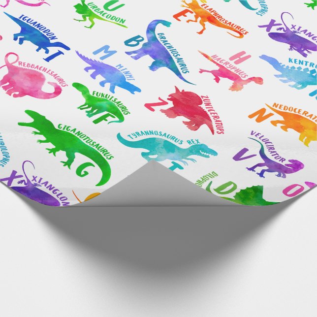 Wasserfarbe Dinosaurier Alphabet Farbenfroh Dino K Geschenkpapier (Ecke)