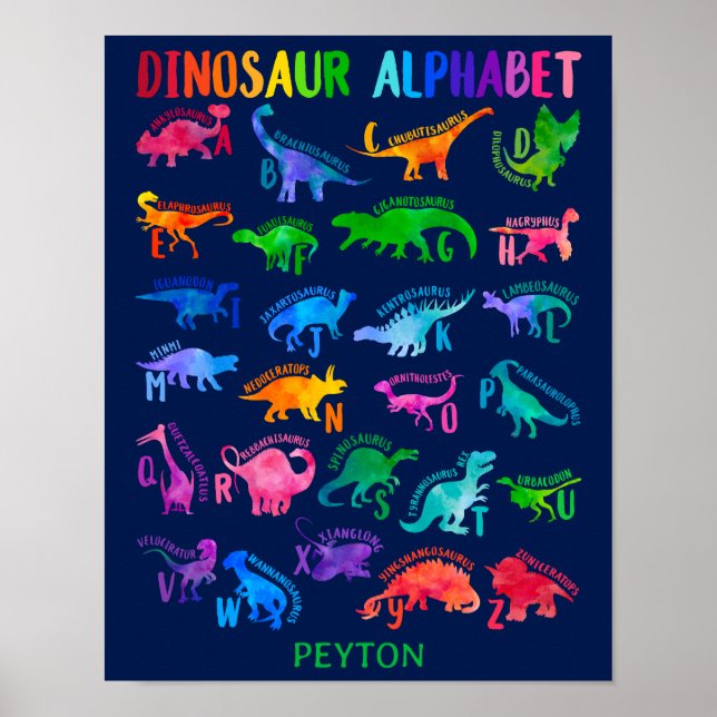 Wasserfarbe Dinosaurier Alphabet Farbenfroh Dino K Poster (Vorne)