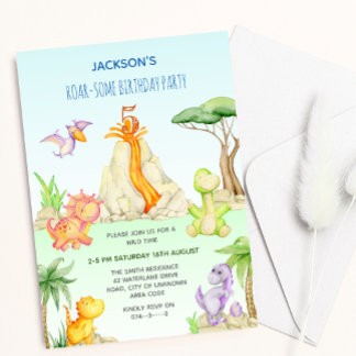 Wasserfarbe Dinosaurier Vulkan Thema Kindergeburts Einladung