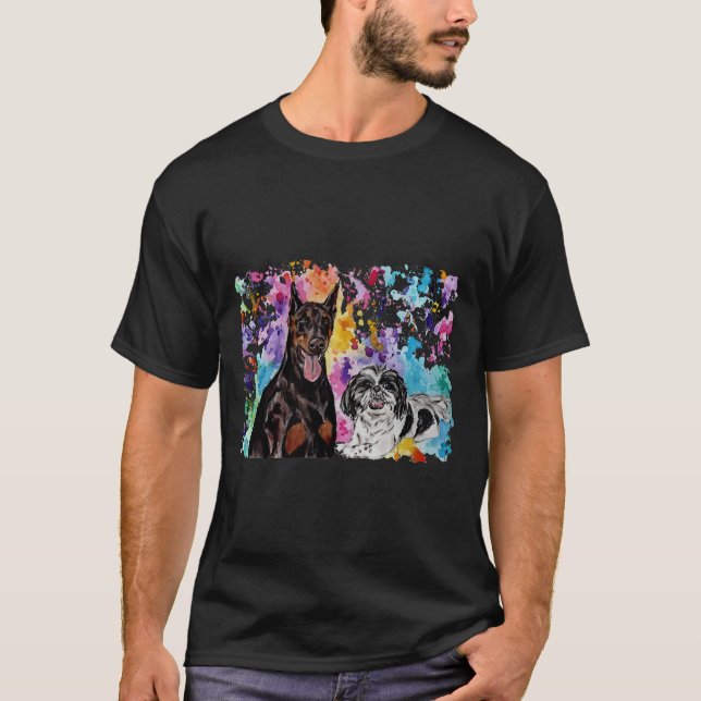 Wasserfarbe Doberman und Shih Tzu T-Shirt (Vorderseite)