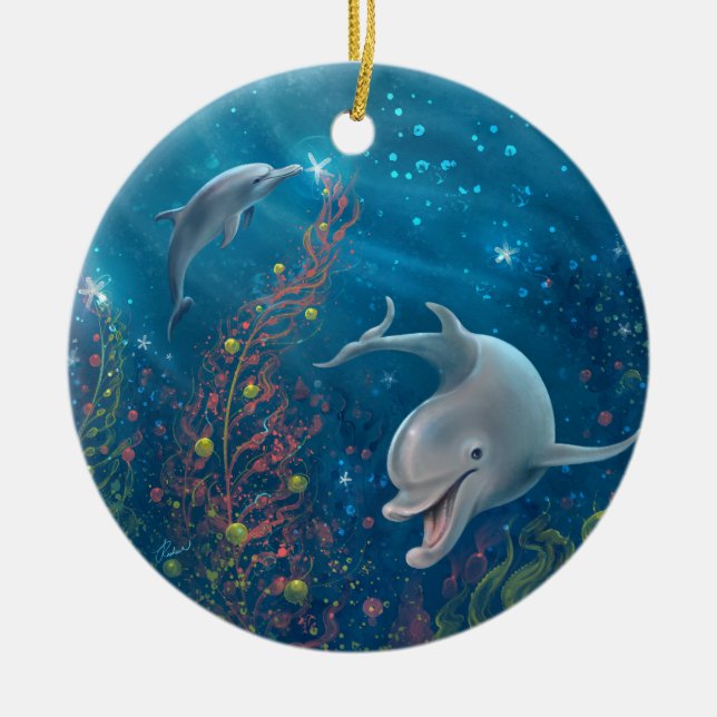 Wasserfarbe Dolphin Friede und Freude Weihnachten Keramik Ornament (Vorne)