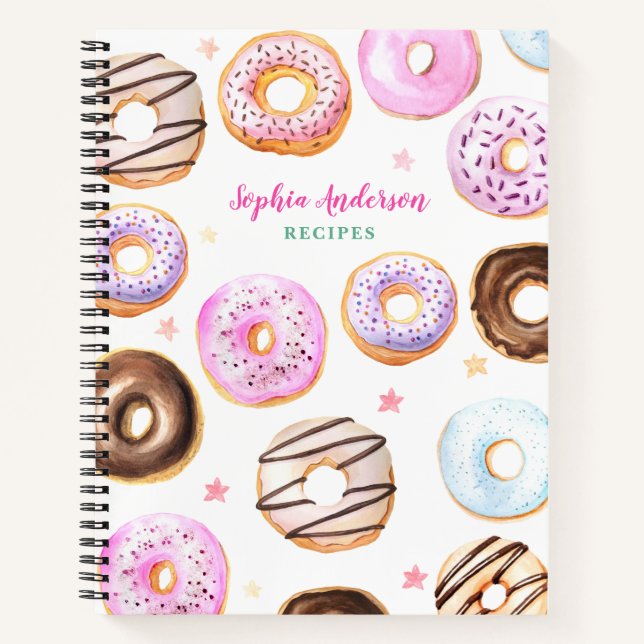 Wasserfarbe Donuts Konditorei Backen Küche Rezept Notizbuch (Vorderseite)