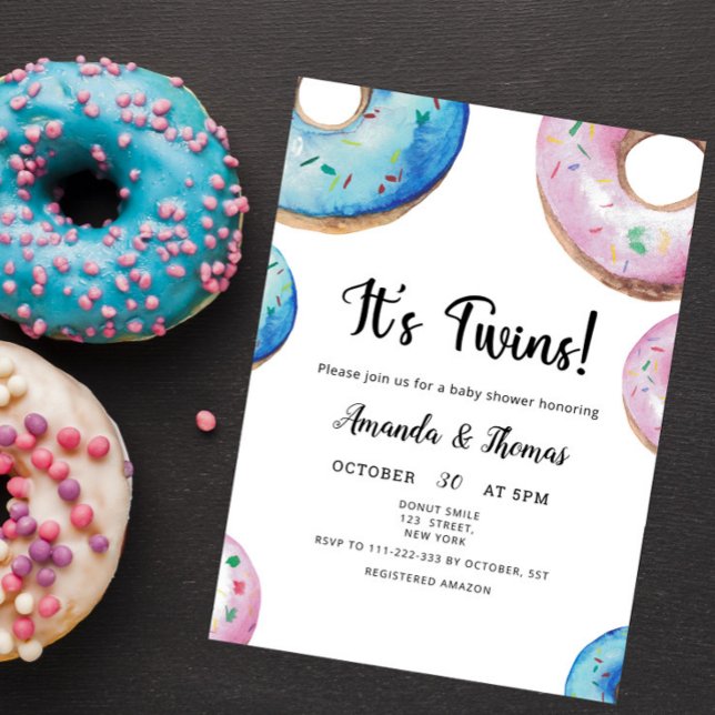 Wasserfarbe Donuts Twin Boy Girl Babydusche Einladung (Von Creator hochgeladen)