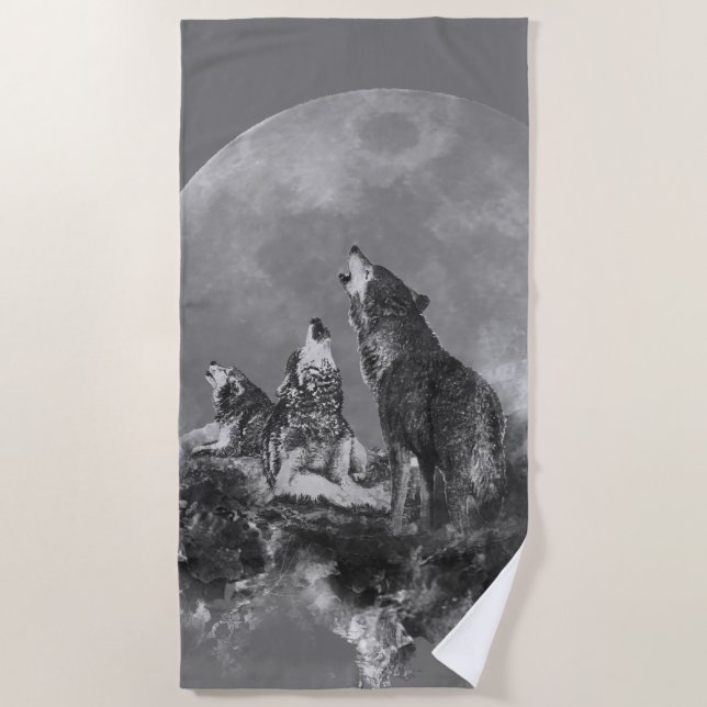 Wasserfarbe Drei Wölfe heulen am Mond Strandtuch (Vorderseite)