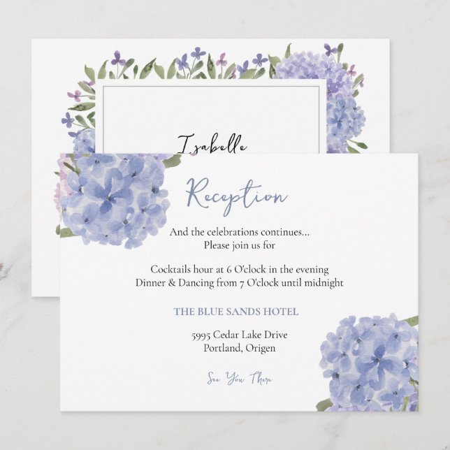 Wasserfarbe Dusty Blue Hydrangea Empfang Begleitkarte (Vorne/Hinten)
