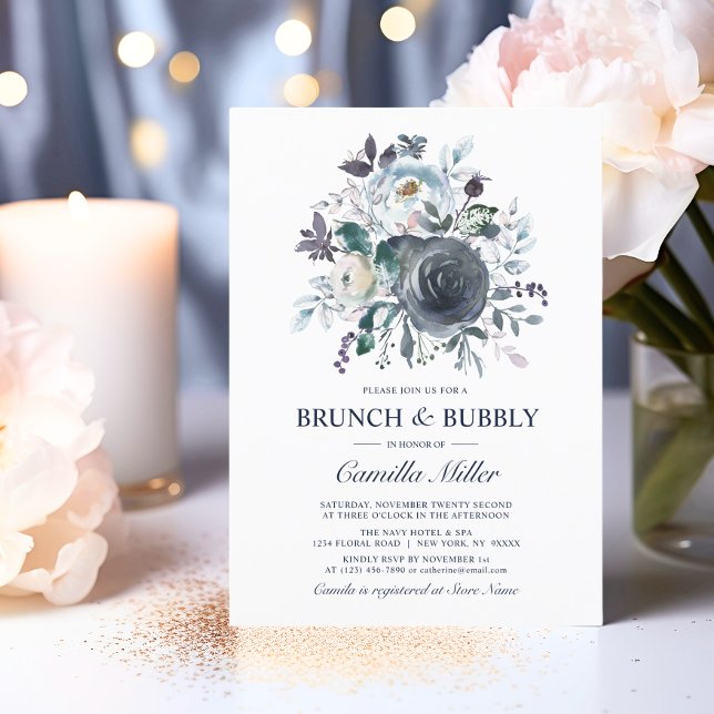 Wasserfarbe Dusty Blue Navy Floral Bridal Brunch Einladung (Watercolor Dusty Blue Navy Floral Bridal Brunch Invitation)