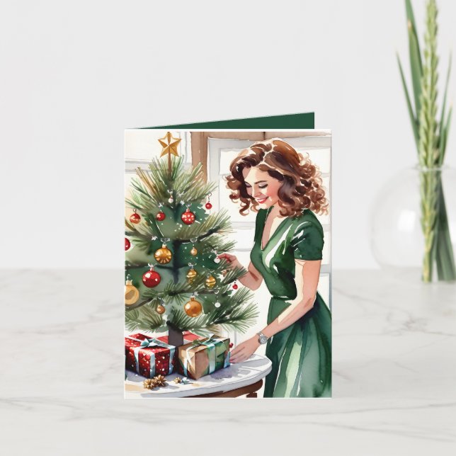 Wasserfarbe einer Frau, die Weihnachten dekoriert Karte (Vorderseite)