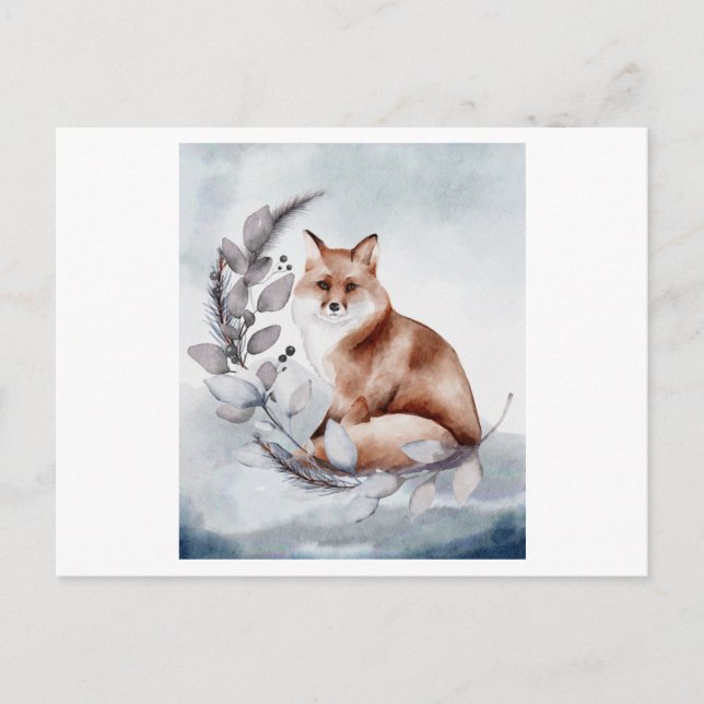 Wasserfarbe eines Fuchses mit einer Blume Postkarte (Vorderseite)