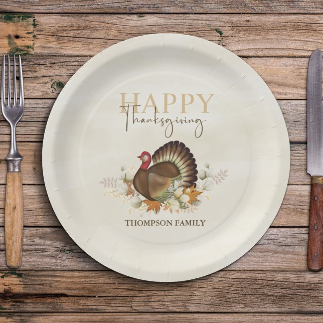 Wasserfarbe Einfaches Glück Thanksgiving Einfache  Pappteller (Happy Thanksgiving custom paper plate with turkey and greenery. )