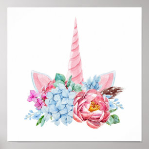 Wasserfarbe Einhorn Blumenkrone Poster