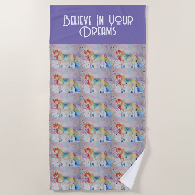 Wasserfarbe Einhorn Kunst, Lila Dream Strandtuch (Vorderseite)