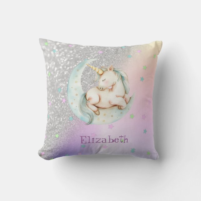 Wasserfarbe Einhorn Mondstars, Silberner Glitzer B Kissen (Vorderseite)