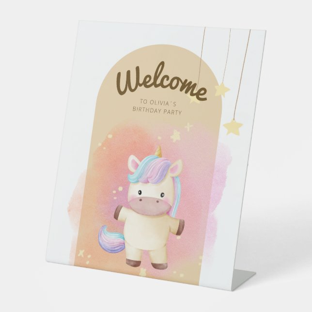 Wasserfarbe Einhorn Regenbogen Party Zeichen Sockelschild (Vorderseite)