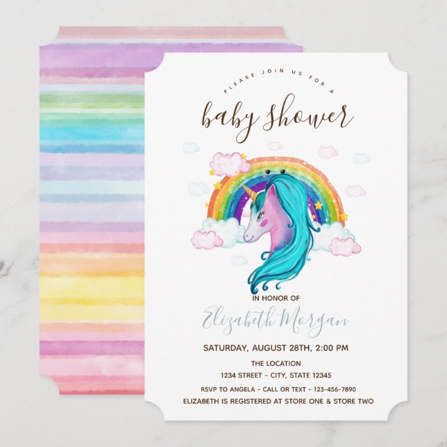 Wasserfarbe Einhorn Regenbogen Streifen Babydusche Einladung (Vorne/Hinten)
