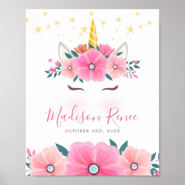 Wasserfarbe Einhorngesicht Blumenstrauß Baby Poster (Vorne)