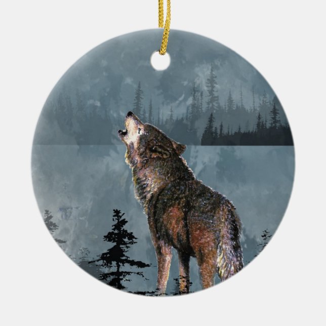 Wasserfarbe Einsame Wolf Howling über den See Keramikornament (Vorne)
