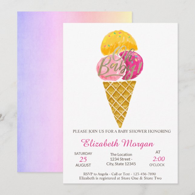 Wasserfarbe Eiscreme Oh Baby Summer Baby Dusche Einladung (Vorne/Hinten)
