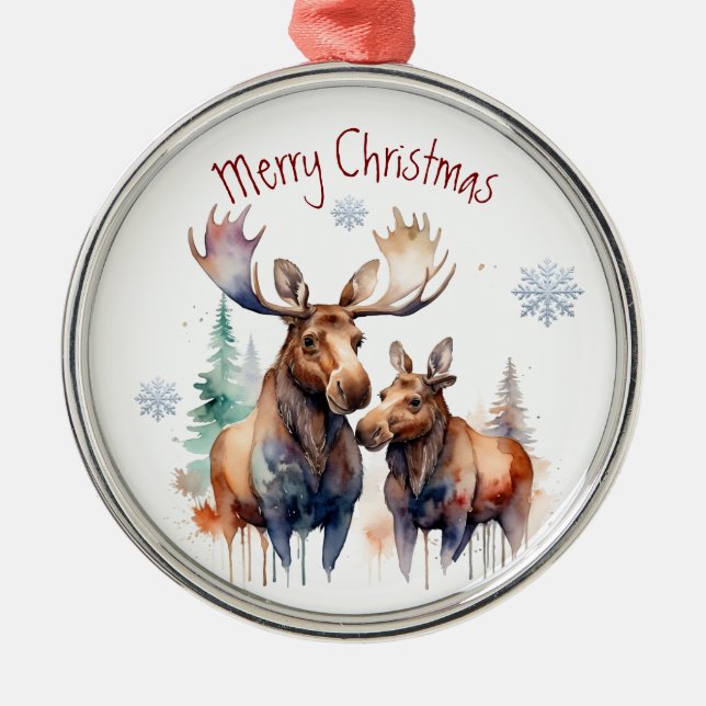 Wasserfarbe Elche Paar Winter Tierart Ornament Aus Metall (Vorne)