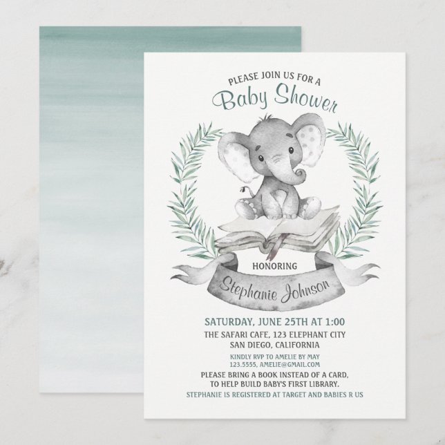 Wasserfarbe Elefant Babydusche Buch Einladung (Vorne/Hinten)