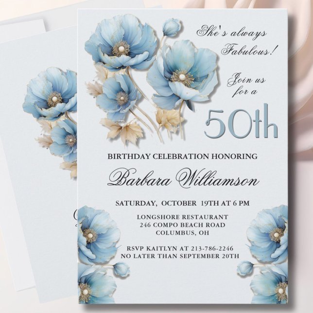 Wasserfarbe Elegant Blue Gold Floral 50. Geburtsta Einladung (Von Creator hochgeladen)