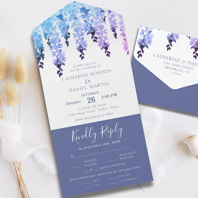 Wasserfarbe Elegante Blaue Hochzeit Lila Blumen All In One Einladung (Von Creator hochgeladen)