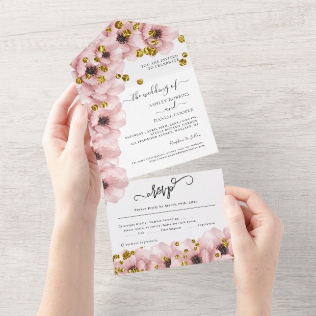Wasserfarbe Elegante Blume Hochzeit All In One Einladung (Abreißen)
