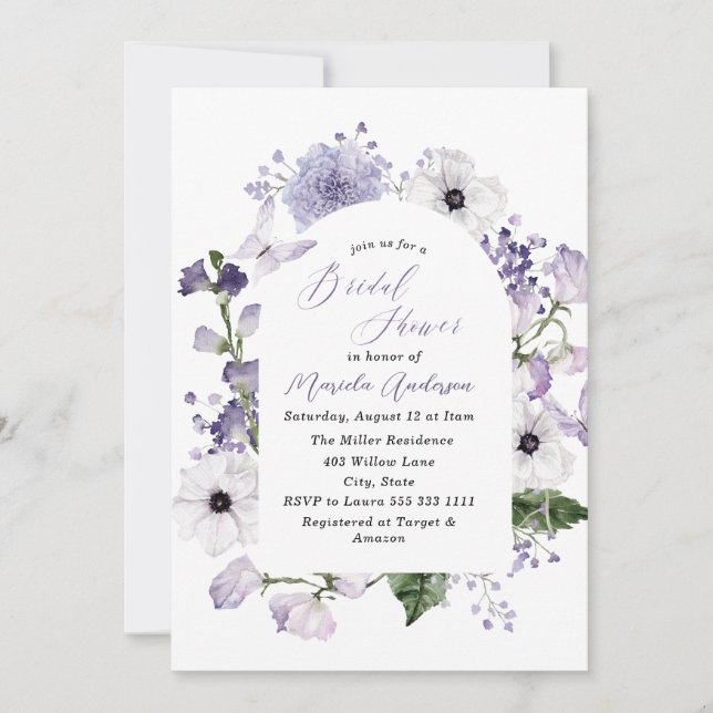 Wasserfarbe Elegante Lilac Blume Brautparty Einladung (Vorderseite)