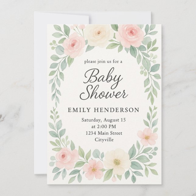 Wasserfarbe Elegante Pastel Floral Baby Dusche Einladung (Vorderseite)
