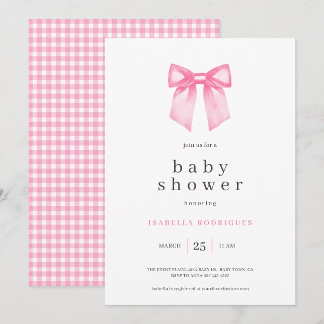 Wasserfarbe Elegante Rosa Bow Babydusche Einladung (Vorne/Hinten)