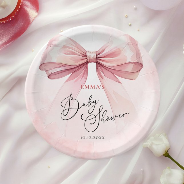 Wasserfarbe Elegante Rosa Bow Babydusche Pappteller (Von Creator hochgeladen)