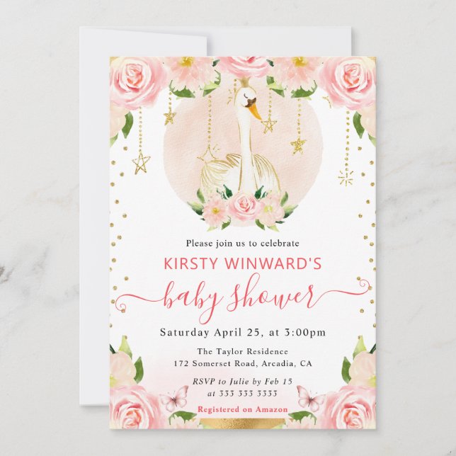 Wasserfarbe Elegante Schwanendusche Einladung (Vorderseite)