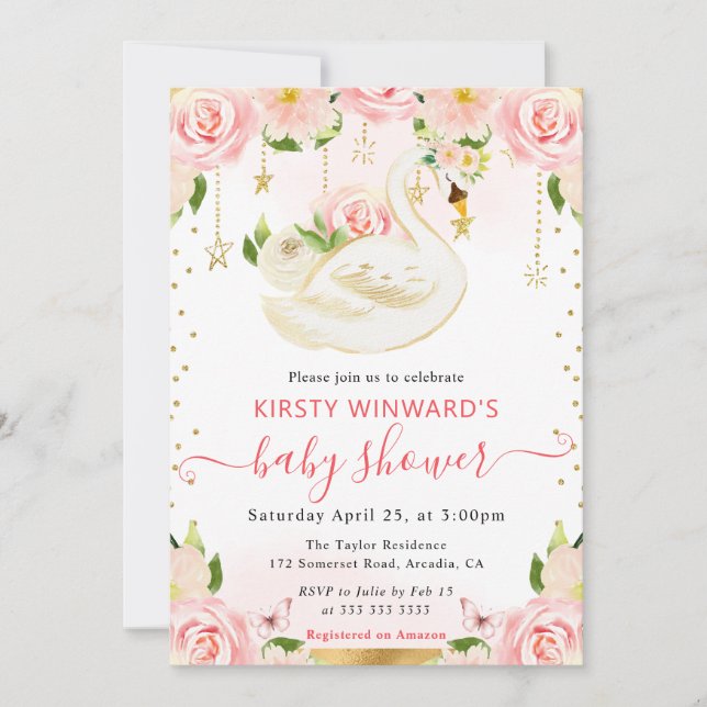 Wasserfarbe Elegante Schwanendusche Einladung (Vorderseite)