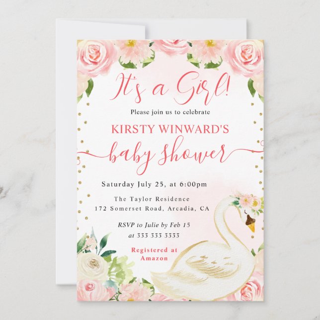 Wasserfarbe Elegante Schwanendusche Einladung (Vorderseite)