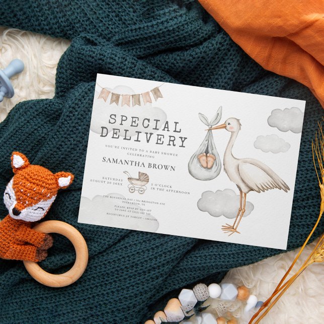 Wasserfarbe Elegante Stork Baby Dusche Einladung (Von Creator hochgeladen)