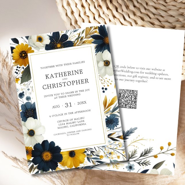 Wasserfarbe Elegante Wildblumen Hochzeit Einladung (Watercolor Floral Wedding Invitation with Blue and Yellow Wildflowers, QR Code for Wedding Website.)