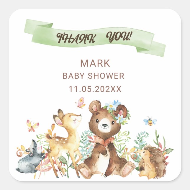 Wasserfarbe Elegante Woodland Animals Kinderdusche Quadratischer Aufkleber (Vorderseite)