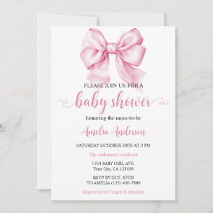 Wasserfarbe Eleganter Bow Pink Coquette Babydusche Einladung