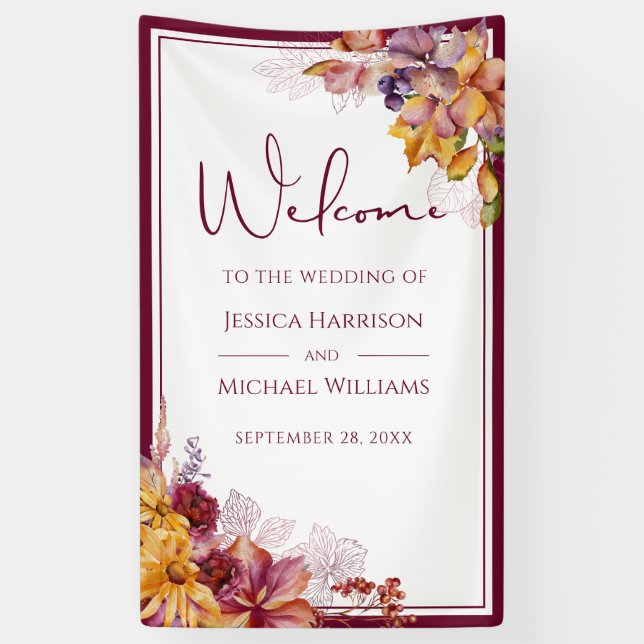 Wasserfarbe Eleganter Fall Burgundy Hochzeit Banner (Vertikal)