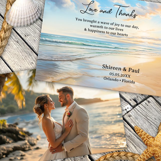 Wasserfarbe Elegantes Foto Hochzeiten am Strand Dankeskarte (Elegant beach wedding photo Thank You card with a watercolor painting of the beach on a sunny day)